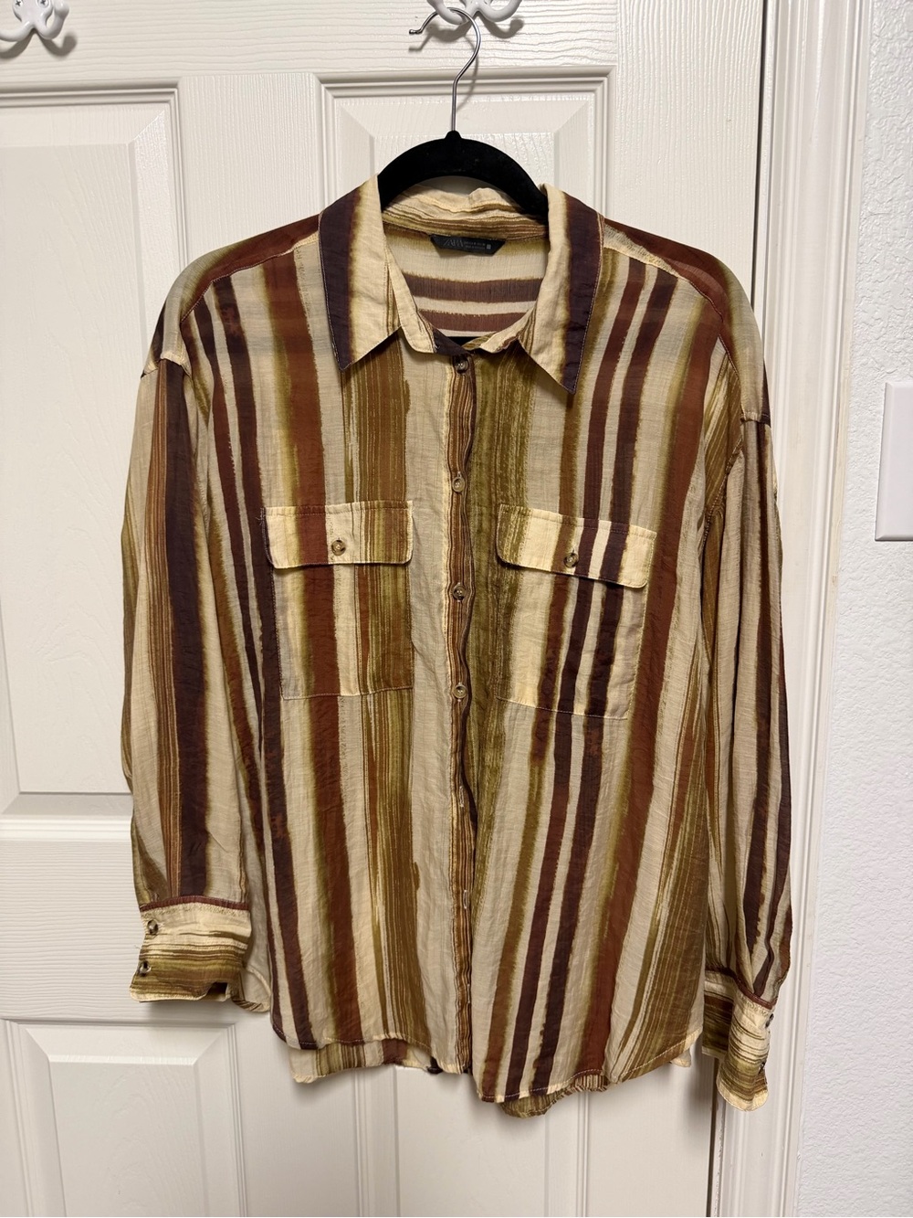 Zara Striped Lightweight Shirt Jacket - Brown, Olive & Cream